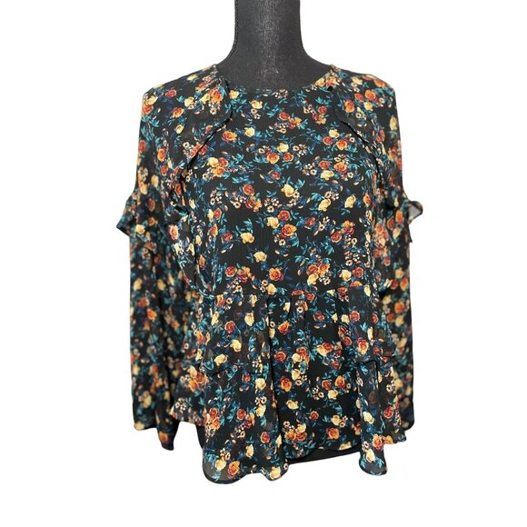 A.N.A. semi sheer floral ruffled top XS autumn colors boho micro print - Picture 2 of 7